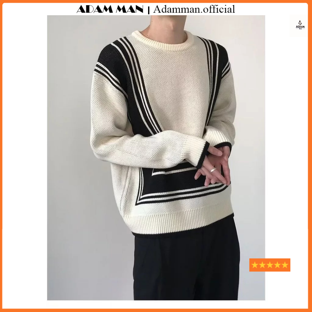 Áo len nam phối hoạ tiết đen trắng, áo len nam cổ tròn len dệt kim hàng loại 1 - ADAMMAN