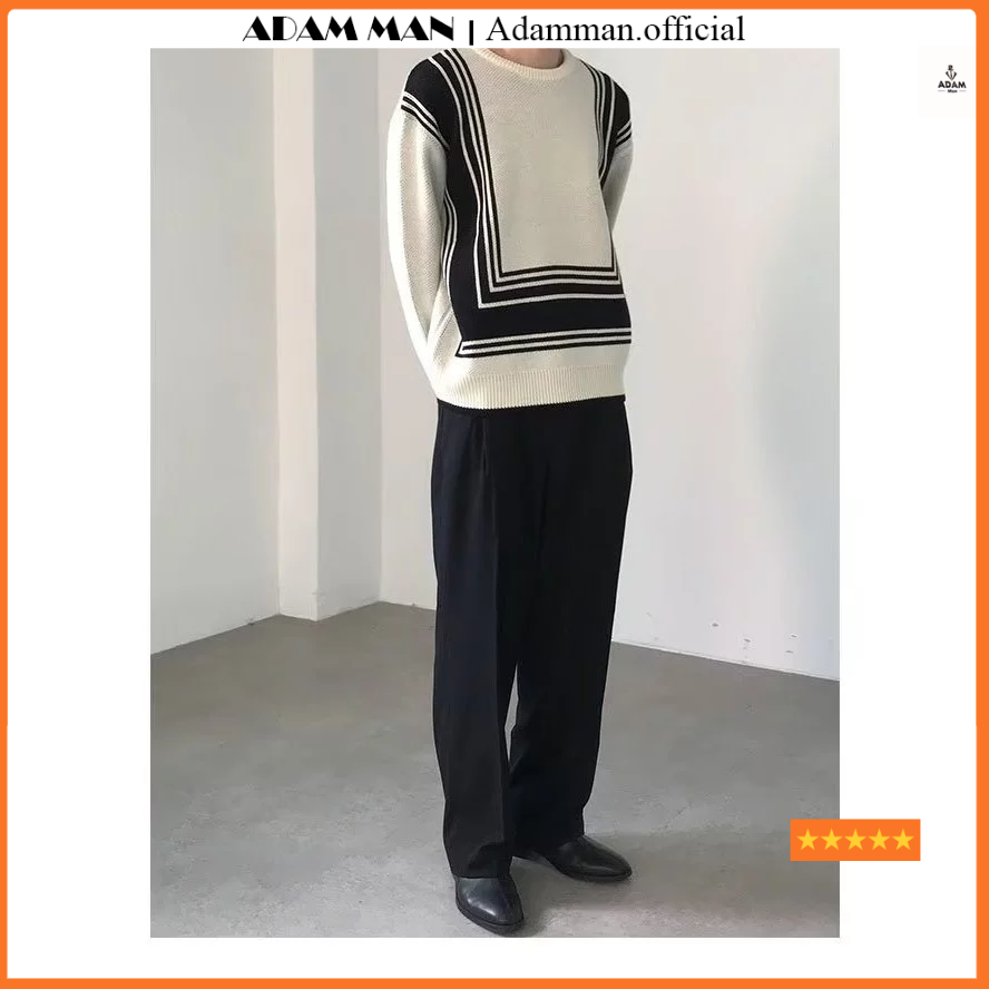 Áo len nam phối hoạ tiết đen trắng, áo len nam cổ tròn len dệt kim hàng loại 1 - ADAMMAN