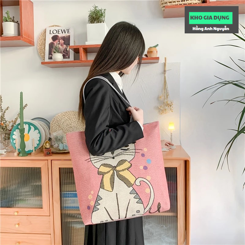 Túi xách đi học, túi vải CANVAS cỡ lớn thiết kế họa tiết dễ thương phong cách thời trang cho nữ