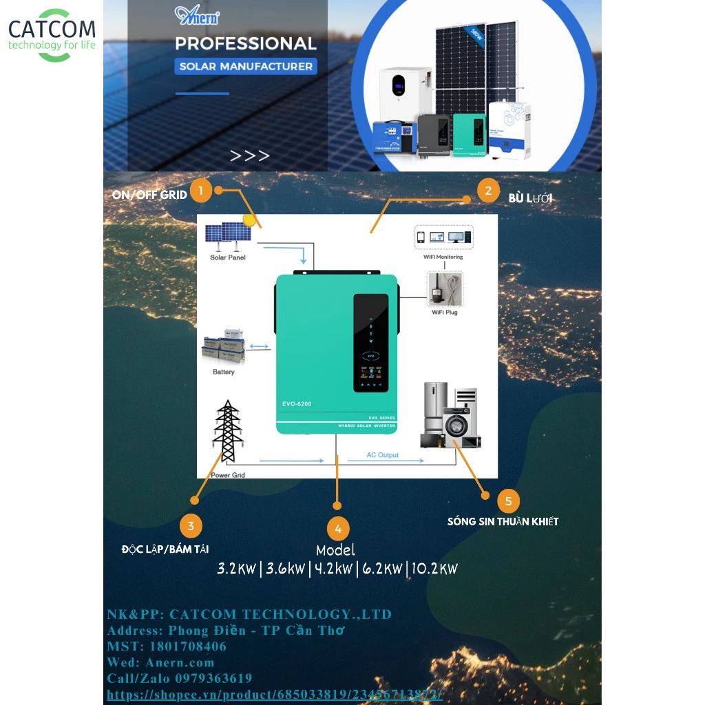 Inverter hybrid hòa lưới/bám tải, độc lập, bù lưới chính hãng Anern 3,2KW | 4,2Kw | 6,2KW