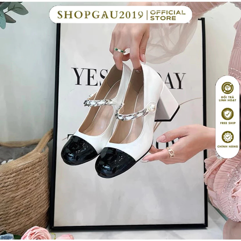 Free ship Giày cao gót 7p gót vuông da bóng quai xích đính hạt ngọc cực đep kèm clip