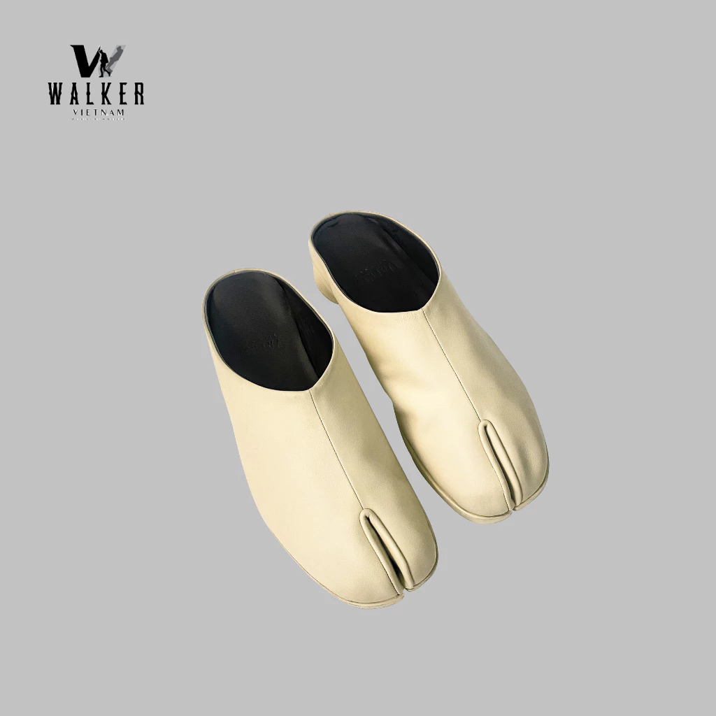 Dép Tabi gót 2cm/ Dép xỏ ngón nam/nữ màu kem gót 2cm - Walker 013C-2cm - Walker Tabi Slipper 013C in Cream with 2cm Heel