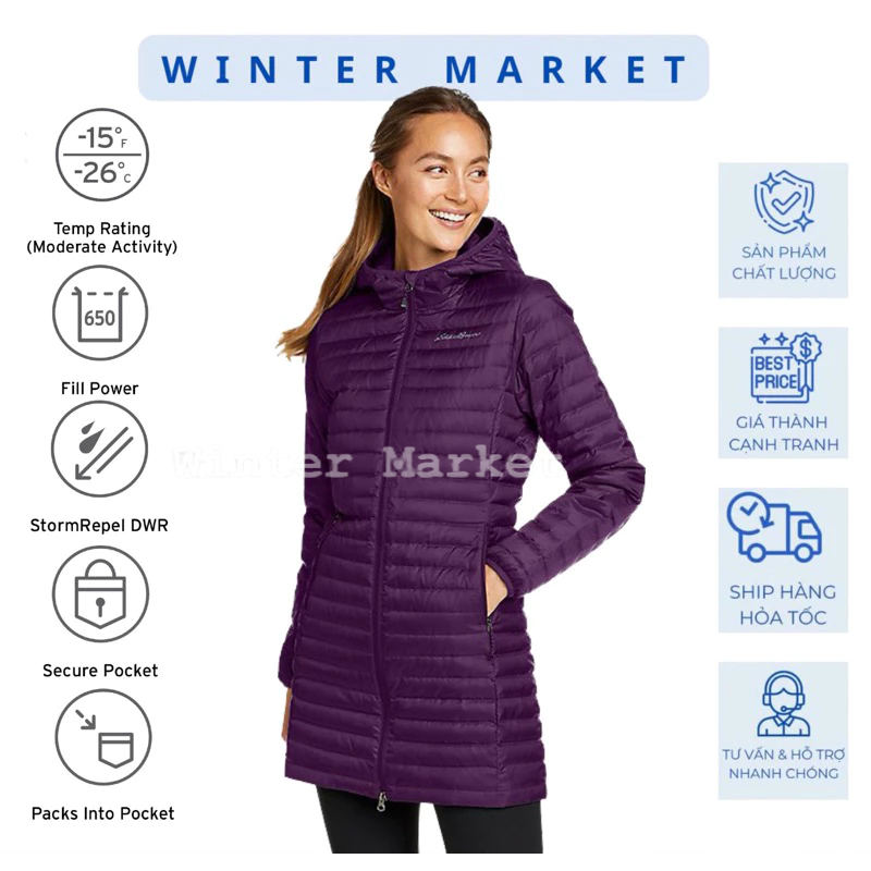 Áo phao siêu nhẹ lông vũ Eddie Bauer nữ chịu lạnh (-26•C) 𝗪𝗼𝗺𝗲𝗻'𝘀 𝗺𝗶𝗰𝗿𝗼𝗹𝗶𝗴𝗵𝘁 𝘁𝗿𝗮𝘃𝗲𝗹𝗲𝗿 𝗱𝗼𝘄𝗻 𝗽𝗮𝗿𝗸𝗮