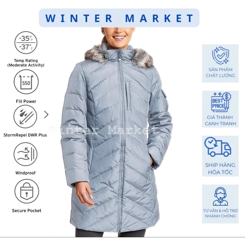 Áo phao lông vũ đi tuyết siêu ấm Eddie Bauer chịu lạnh (-37•C) 𝗪𝗼𝗺𝗲𝗻'𝘀 𝗖𝗿𝘆𝘀𝘁𝗮𝗹 𝗥𝗶𝗱𝗴𝗲 𝗗𝗼𝘄𝗻 𝗣𝗮𝗿𝗸𝗮 có big size ko thấm nước