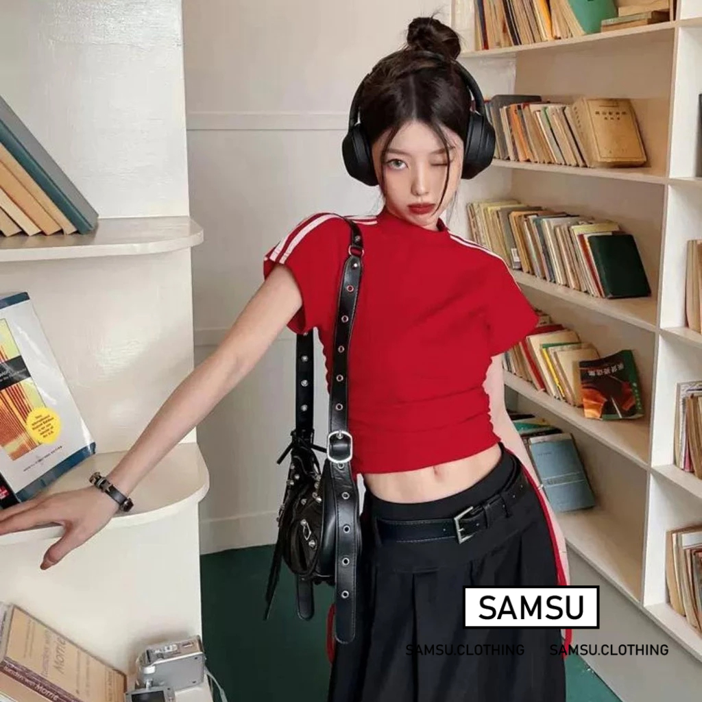 Áo thun croptop nữ phối viền kèm dây rút phong cách Hàn Quốc Samsu.clothing_saigon