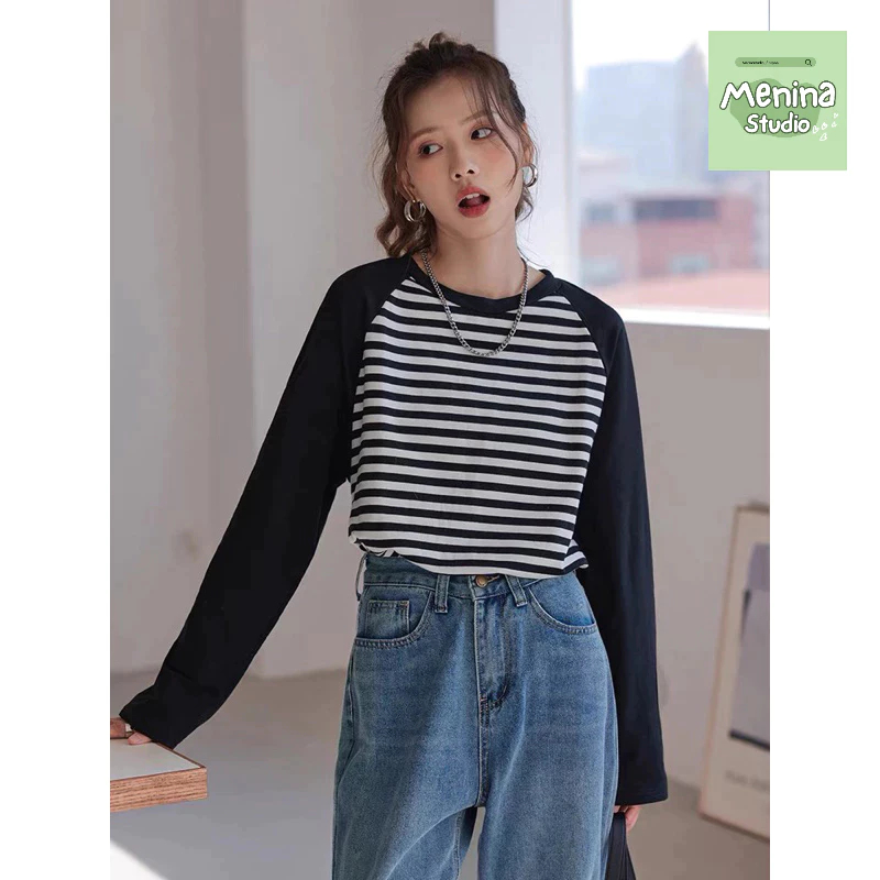 Áo thun nữ tay dài mùa thu kẻ sọc ngang  Ragan trẻ trung MENINA_STUDIO, áo thun tay dài chất cotton 100% dày dặn thoáng