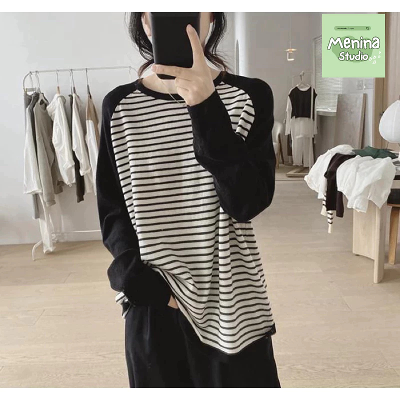 Áo thun nữ tay dài mùa thu kẻ sọc ngang  Ragan trẻ trung MENINA_STUDIO, áo thun tay dài chất cotton 100% dày dặn thoáng