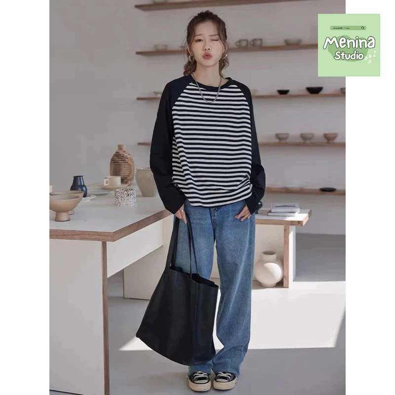 Áo thun nữ tay dài mùa thu kẻ sọc ngang  Ragan trẻ trung MENINA_STUDIO, áo thun tay dài chất cotton 100% dày dặn thoáng