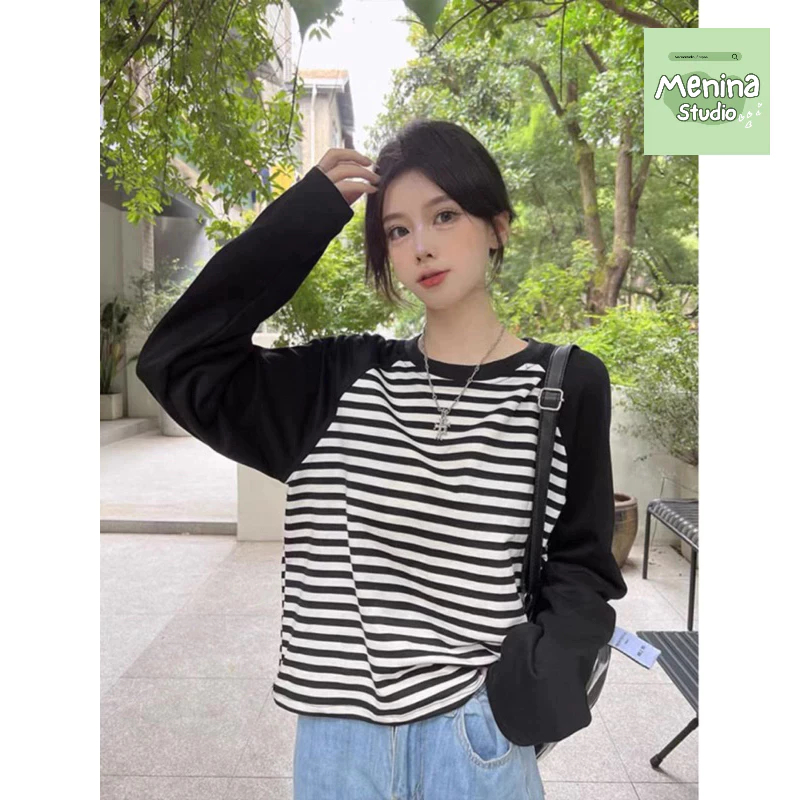 Áo thun nữ tay dài mùa thu kẻ sọc ngang  Ragan trẻ trung MENINA_STUDIO, áo thun tay dài chất cotton 100% dày dặn thoáng