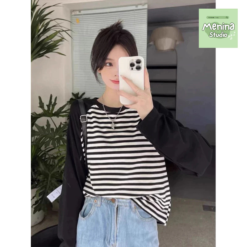 Áo thun nữ tay dài mùa thu kẻ sọc ngang  Ragan trẻ trung MENINA_STUDIO, áo thun tay dài chất cotton 100% dày dặn thoáng