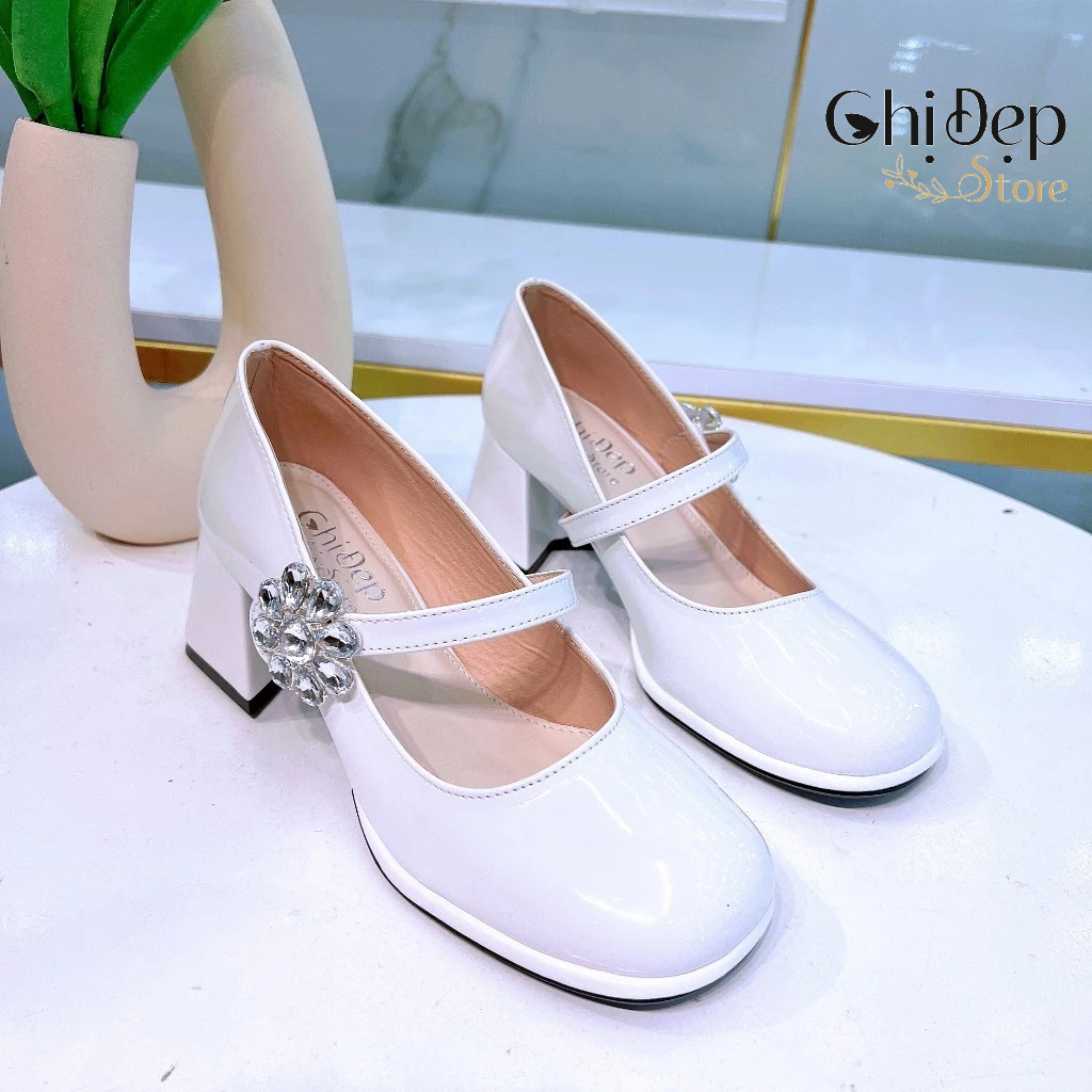 Giày cao gót bít mũi bít gót 7 phân đế vuông gắn KHUY HOA ĐÁ, sandal bít mũi đế vuông 7cm mã CD119