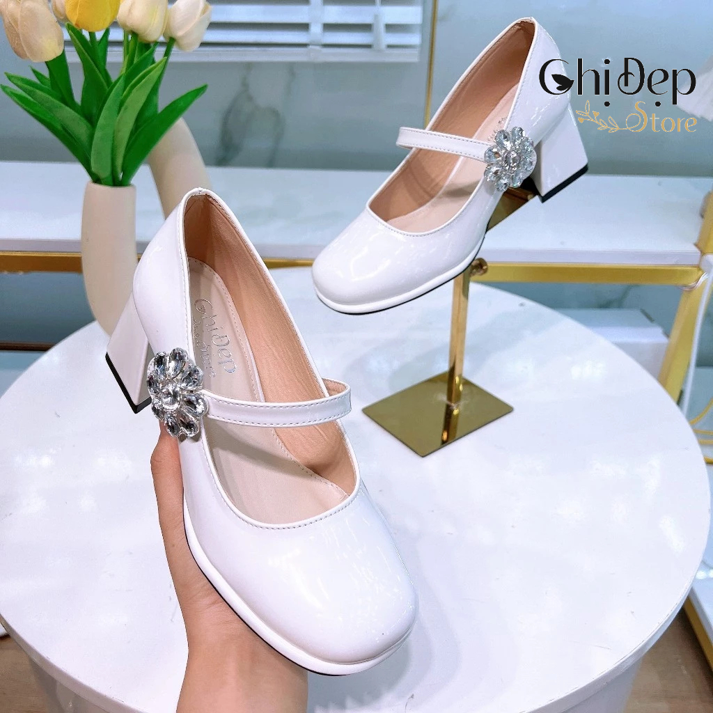 Giày cao gót bít mũi bít gót 7 phân đế vuông gắn KHUY HOA ĐÁ, sandal bít mũi đế vuông 7cm mã CD119