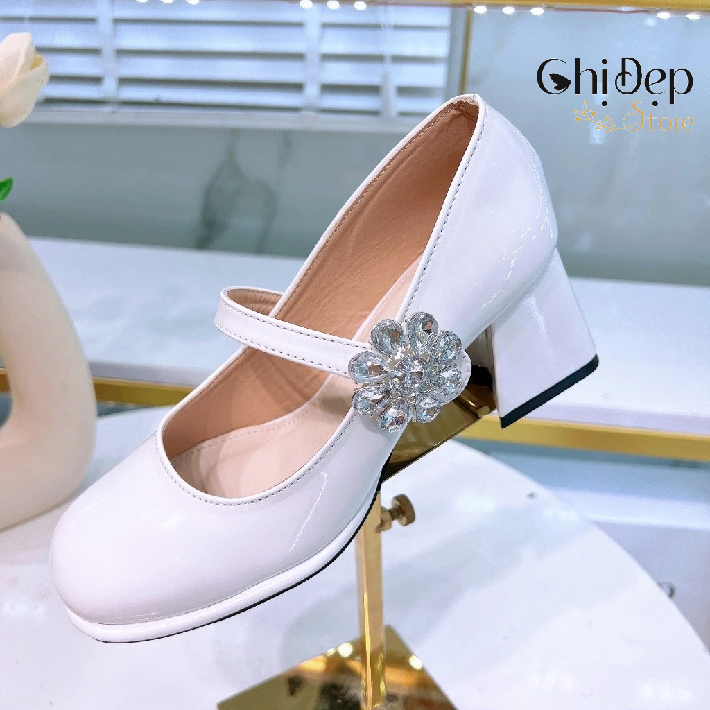 Giày cao gót bít mũi bít gót 7 phân đế vuông gắn KHUY HOA ĐÁ, sandal bít mũi đế vuông 7cm mã CD119