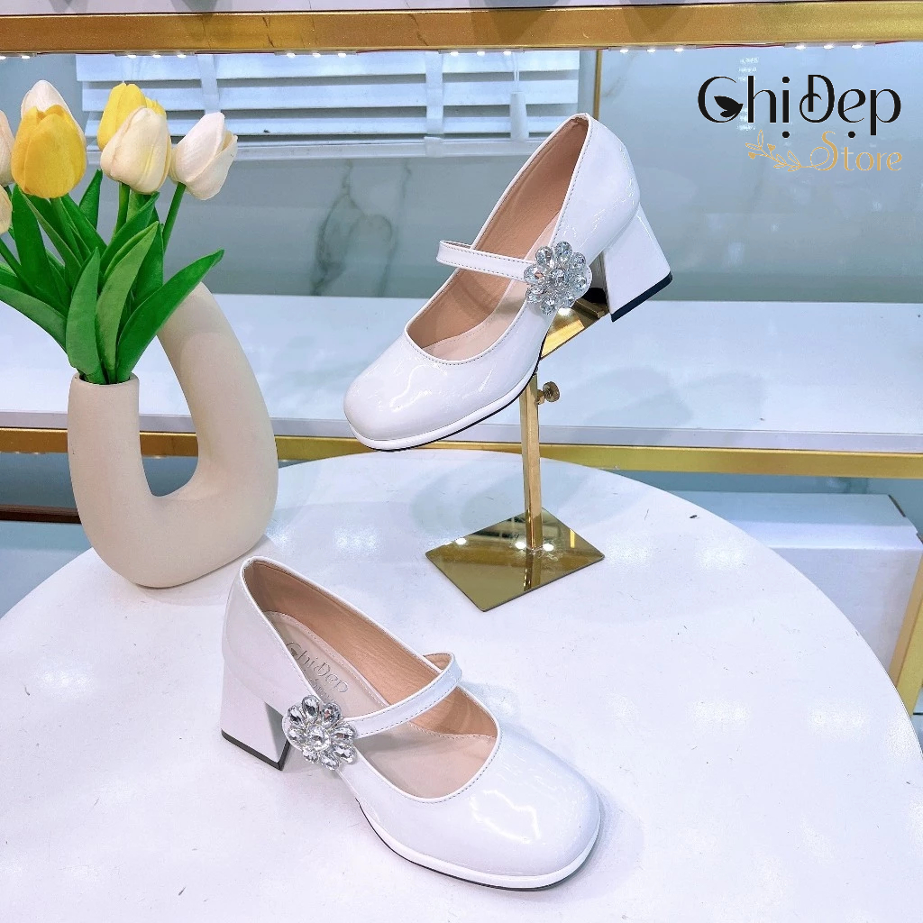 Giày cao gót bít mũi bít gót 7 phân đế vuông gắn KHUY HOA ĐÁ, sandal bít mũi đế vuông 7cm mã CD119