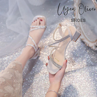 Giày cao gót nữ 5 phân quai đá chéo, giày sandal nữ gót vuông 5cm mã CD108