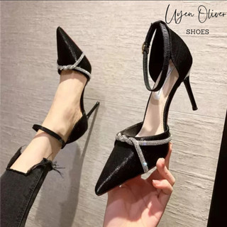 Giày cao gót lụa xước bít mũi đính dây đá xoắn gót nhọn 9cm, sandal nữ cao gót 9 phân mã u51