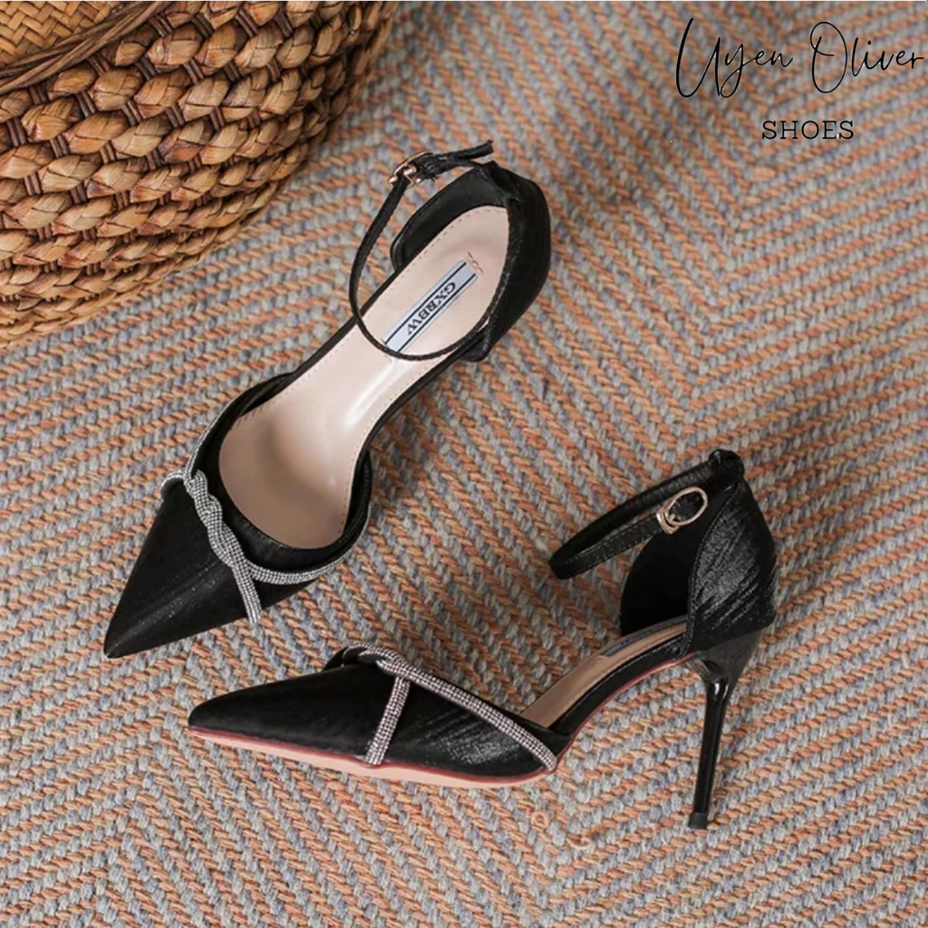 Giày Cao Gót Lụa Xước Bít Mũi Đính Dây Đá Xoắn Gót Nhọn 9cm, Sandal Nữ Cao Gót 9 Phân Mã U51