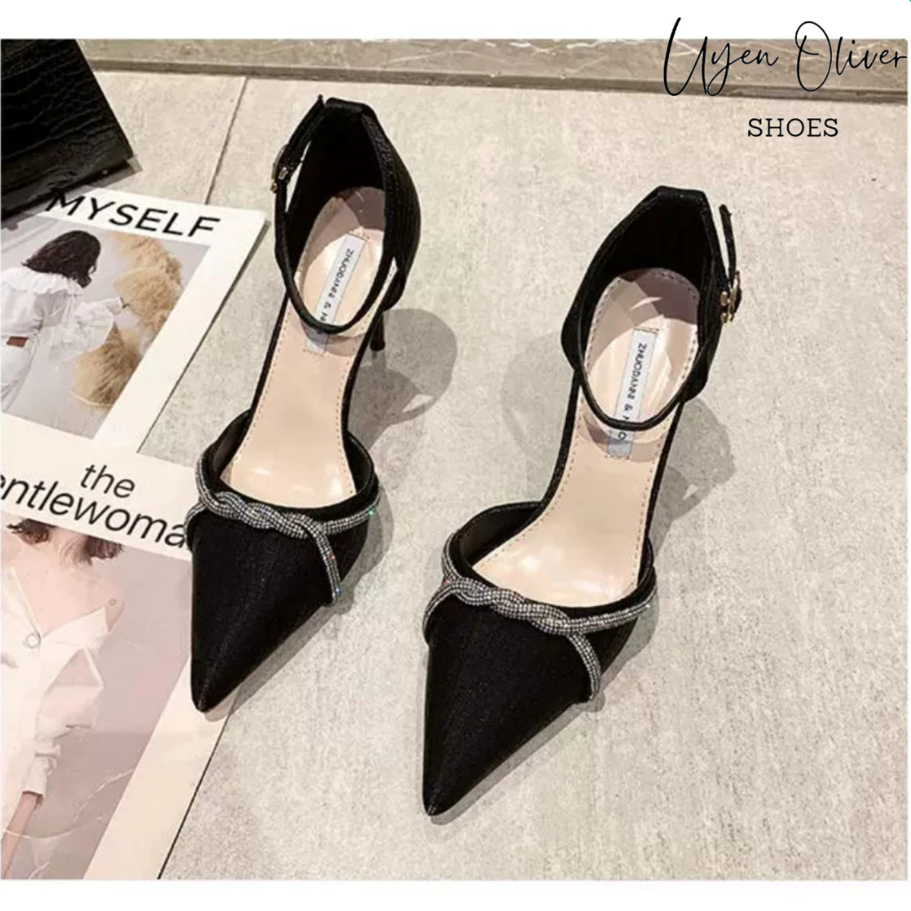 Giày Cao Gót Lụa Xước Bít Mũi Đính Dây Đá Xoắn Gót Nhọn 9cm, Sandal Nữ Cao Gót 9 Phân Mã U51