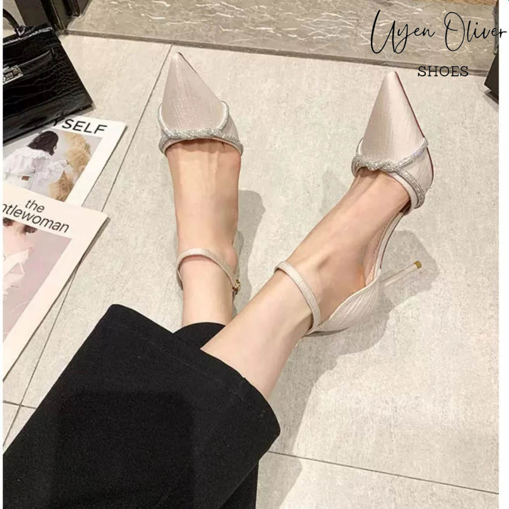 Giày Cao Gót Lụa Xước Bít Mũi Đính Dây Đá Xoắn Gót Nhọn 9cm, Sandal Nữ Cao Gót 9 Phân Mã U51