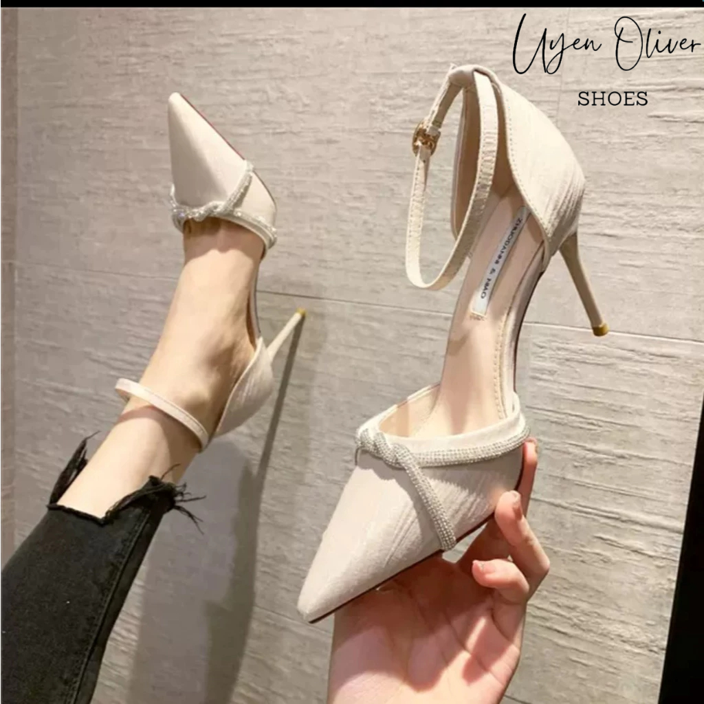 Giày Cao Gót Lụa Xước Bít Mũi Đính Dây Đá Xoắn Gót Nhọn 9cm, Sandal Nữ Cao Gót 9 Phân Mã U51