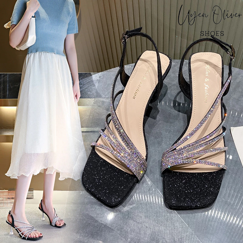 Giày cao gót nữ 7 phân 5 quai FULL ĐÁ, giày sandal nữ gót trong 7cm Chị Đẹp Store mã U43