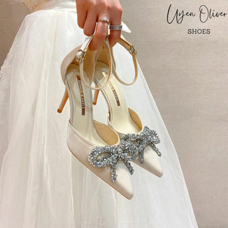 Sandal cao gót bít gót lụa xước đính nơ xước 9 phân mã u36