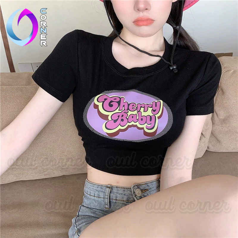 Áo Croptop Ôm Body CHERRY BABY Cổ Tròn Tay Ngắn, Áo Thun Chất Borip Kiểu In Họa Tiết Thời Trang Hàn Quốc OWL CORNER
