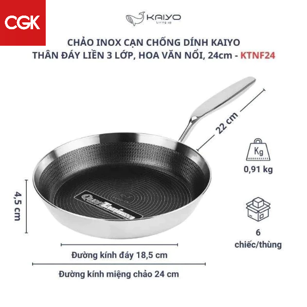 Chảo inox chống dính hoa văn nổi Tri-Ply Kaiyo, size 24cm