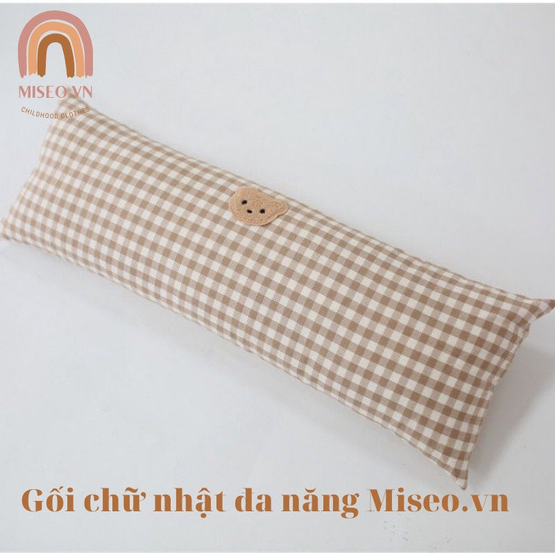 Gối ôm chữ nhật ruột bông cao cấp an toàn cho bé, gối chặn đa năng dáng dài kẻ caro thêu gấu cho trẻ em sơ sinh