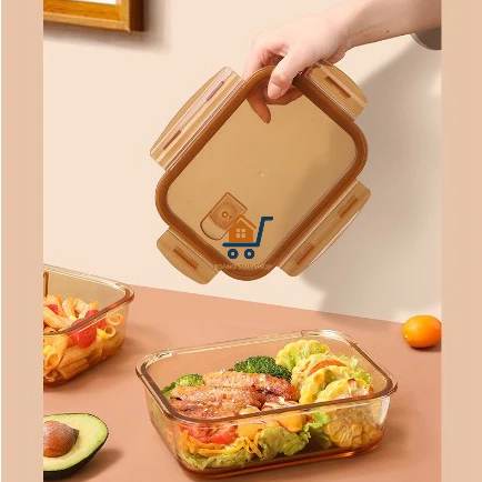 Hộp Thủy Tinh Hổ Phách 1 2 Ngăn Cao Cấp, Hộp Đựng Cơm Thủy Tinh Chống Tràn, Chịu Nhiệt, Dùng Được Cho Lò Vi Sóng