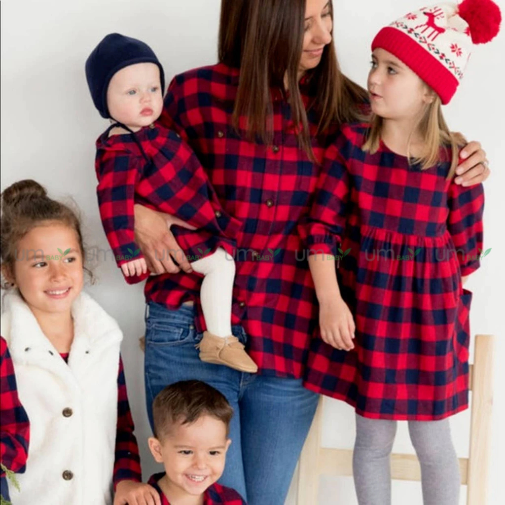 Đầm bé gái dài tay kẻ caro 2-16 tuổi vải dạ flannel cotton màu đỏ xanh giáng sinh váy đầm bé gái xuất dư