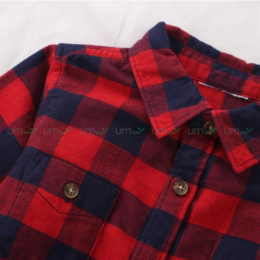Áo sơ mi bé trai dài tay kẻ caro 2-10 tuổi vải dạ flannel cotton màu đỏ xanh giáng sinh áo sơ mi bé trai xuất dư Hanna