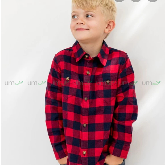 Áo sơ mi bé trai dài tay kẻ caro 2-10 tuổi vải dạ flannel cotton màu đỏ xanh giáng sinh áo sơ mi bé trai xuất dư Hanna