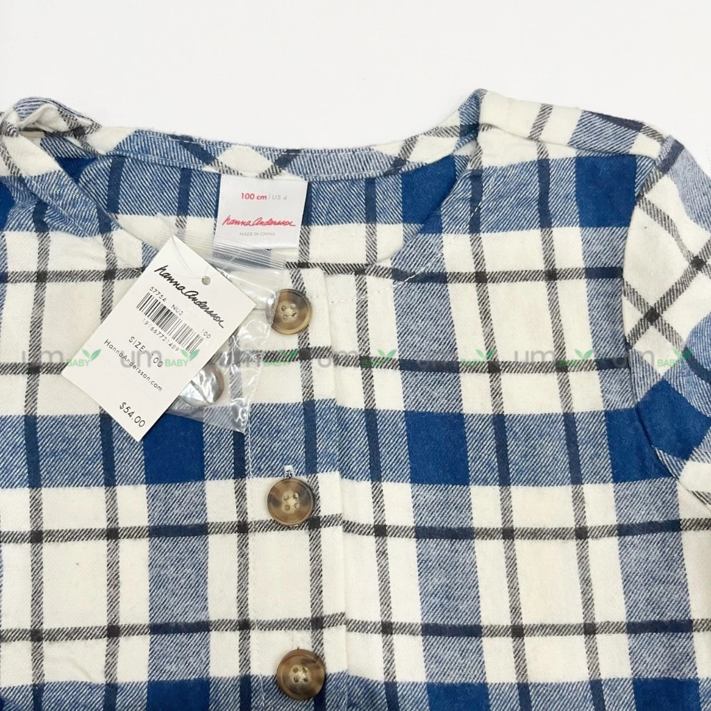 Đầm bé gái dài tay kẻ caro 3-8 tuổi vải dạ flannel cotton màu xanh giáng sinh váy đầm bé gái xuất dư Hanna Andersson