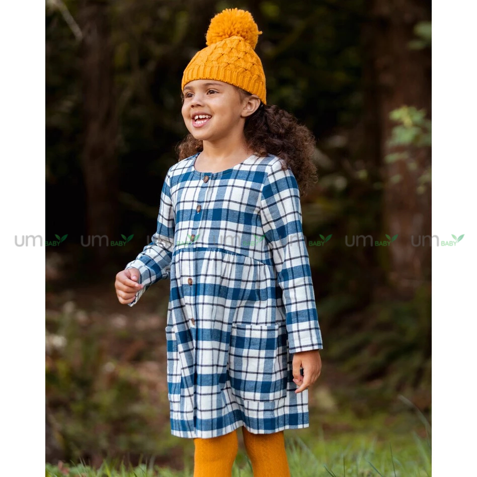Đầm bé gái dài tay kẻ caro 3-8 tuổi vải dạ flannel cotton màu xanh giáng sinh váy đầm bé gái xuất dư Hanna Andersson