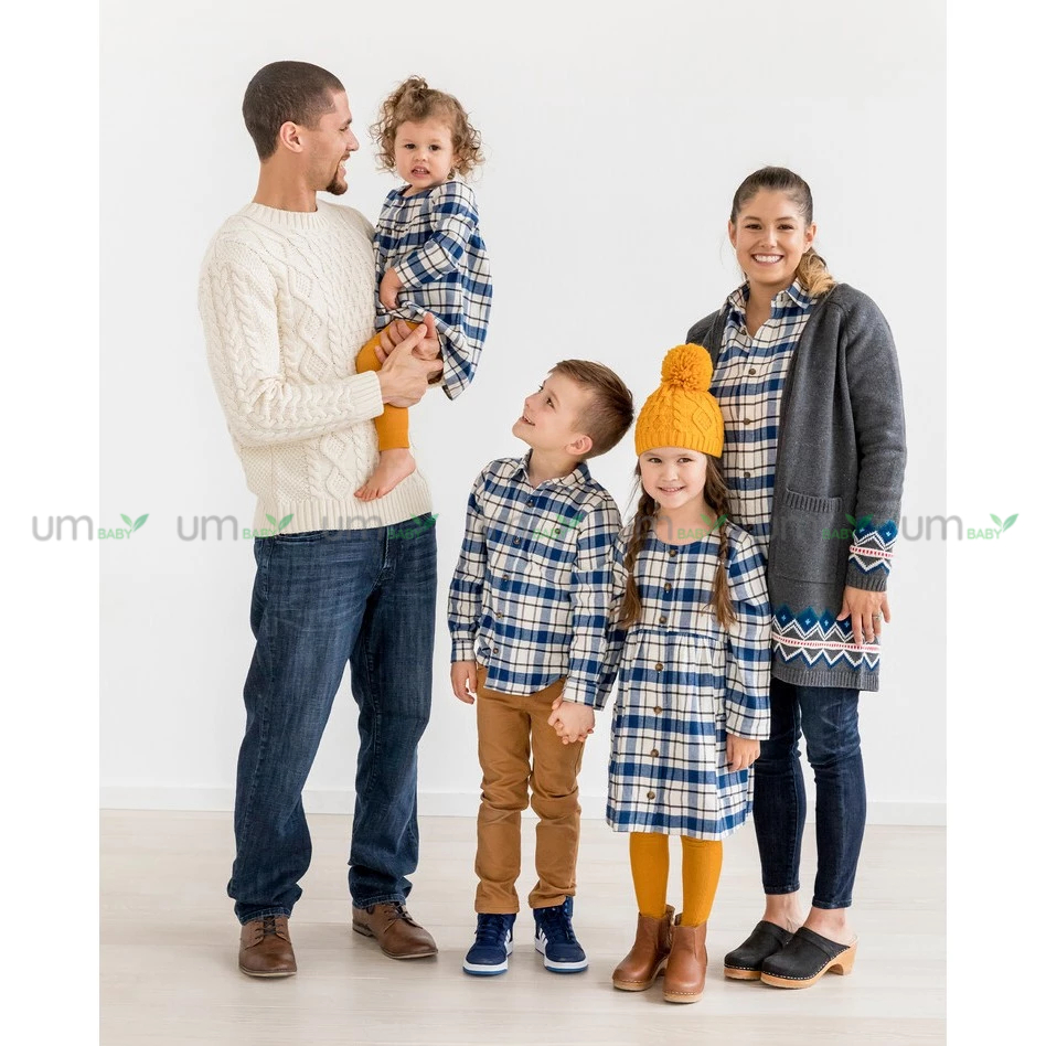 Đầm bé gái dài tay kẻ caro 3-8 tuổi vải dạ flannel cotton màu xanh giáng sinh váy đầm bé gái xuất dư Hanna Andersson