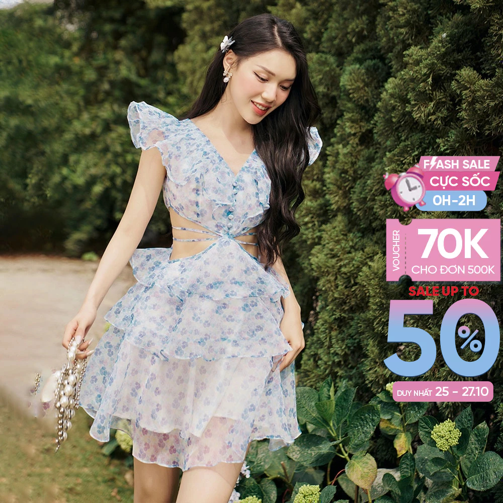 RECHIC Đầm xòe ngắn Tiny khoét eo tay cánh tiên cổ V voan tơ hoa tiểu thư dịu dàng nữ tính