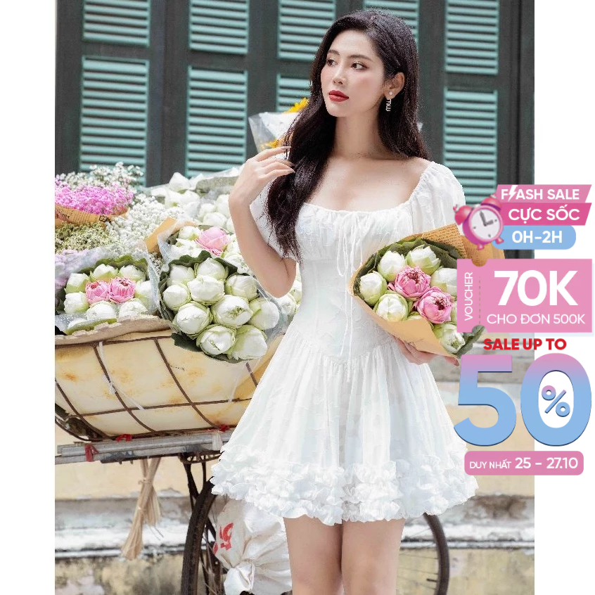 RECHIC Đầm xòe nữ Shila cổ vuông nhún ngực bèo tầng tay bồng tiểu thư sang trọng