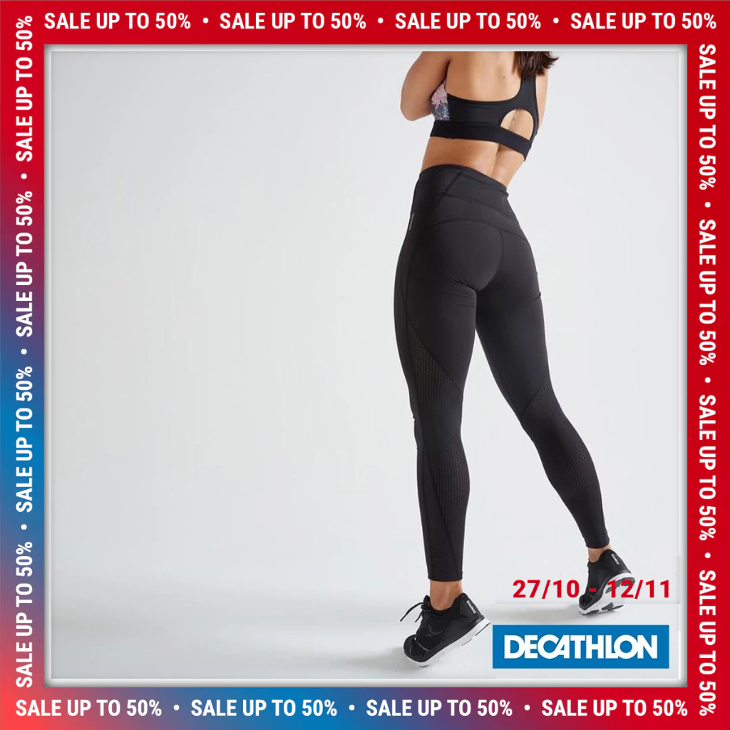 Quần bó lưng cao tập fitness cardio FTI 500A cho Nữ Đen DECATHLON DOMYOS mã 8547528