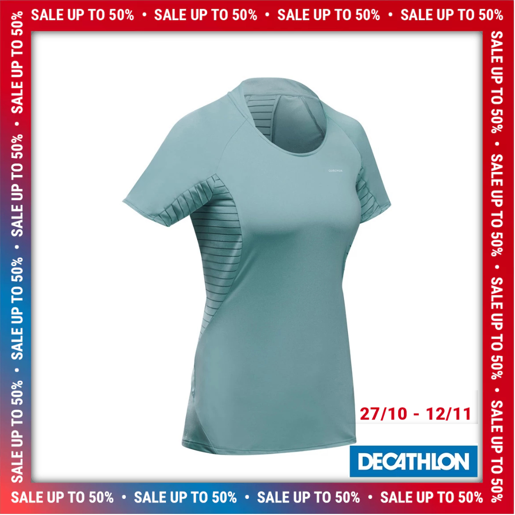 Áo thun hiking ngắn tay MH500 cho nữ Xanh lục DECATHLON QUECHUA mã 8612429