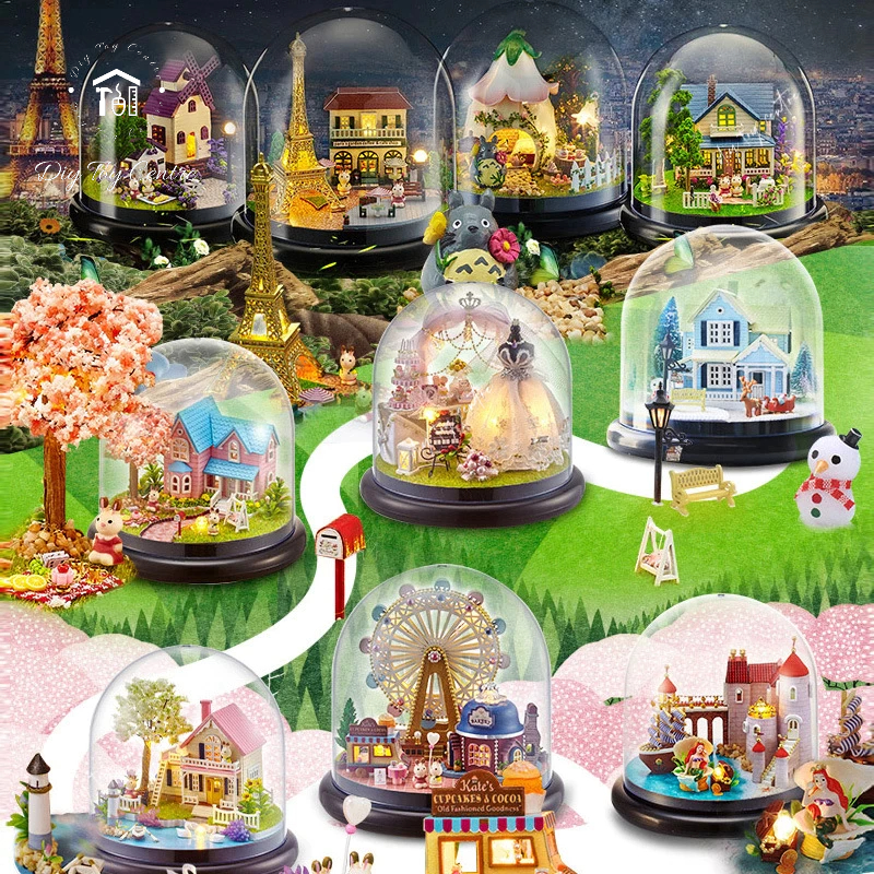 Đồ chơi mô hình DIY sáng tạo, mô hình nhà gỗ, nhà búp bê gỗ diy tự lắp ghép trụ thủy tinh Cùng Nhau Vòng Quanh Thế Giới