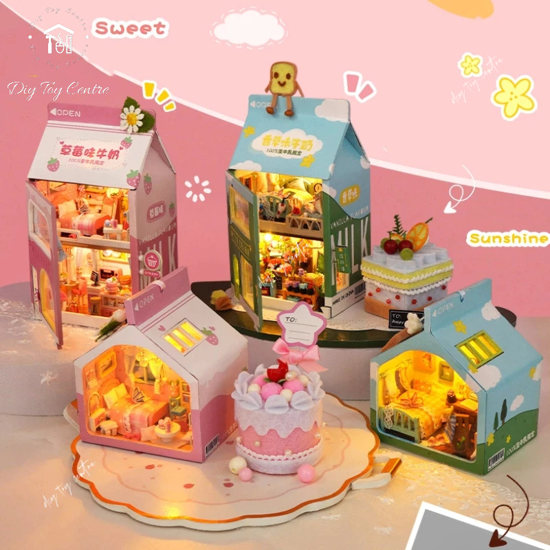 Đồ chơi mô hình DIY sáng tạo, nhà búp bê gỗ mini kiểu dạng hộp sữa 1 tầng làm quà tặng, phụ kiện trang trí Nhà Sữa Cute