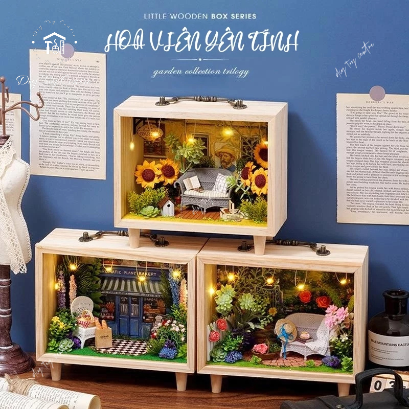 Đồ chơi mô hình DIY sáng tạo, mô hình nhà gỗ, nhà búp bê gỗ mini diy tự lắp ghép dạng hộp gỗ để bàn Hoa Viên Yên Tĩnh