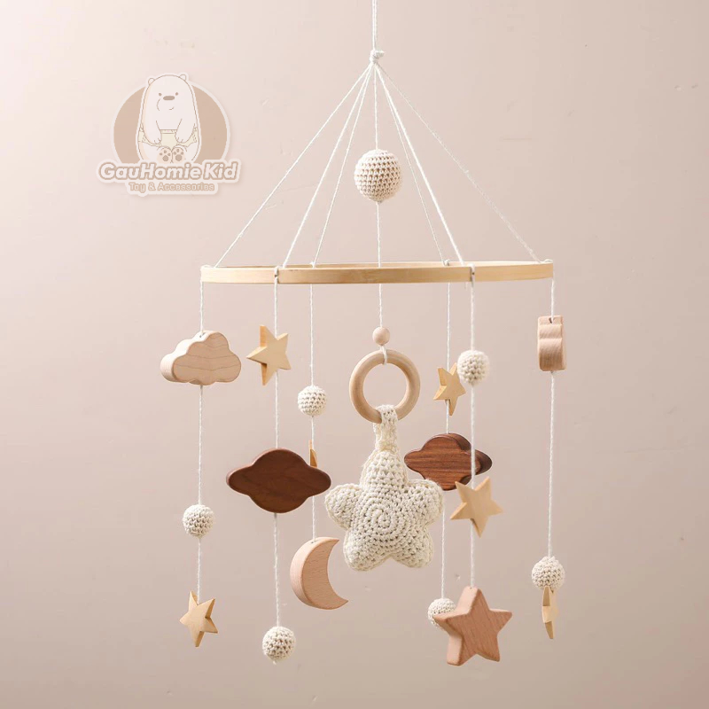 ĐỒ TREO NÔI HANDMADE BẰNG GỖ VÀ LEN CHO BÉ SƠ SINH