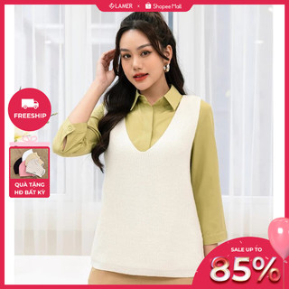  Áo len nữ dáng gile cổ tim phối sơ mi basic LAMER L61W22T033