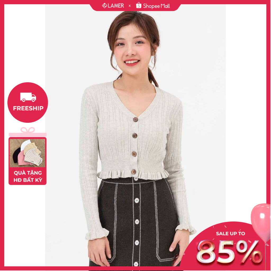 Áo len nữ cardigan dáng lửng phối gấu VIEN TRAN V65C20T018