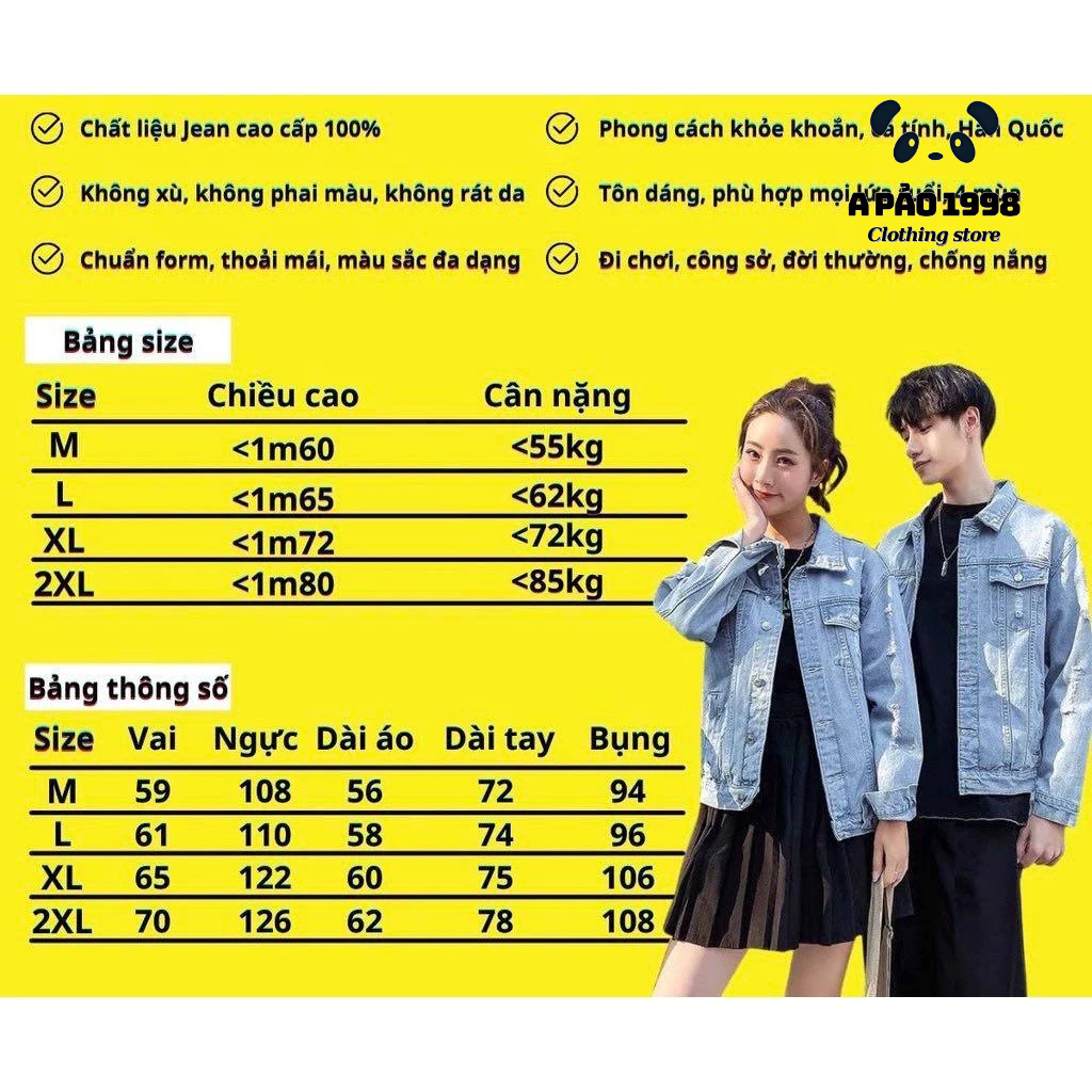 Áo Khoác jean nam nữ Form Rộng, Áo khoác bò Unisex Đen, Xanh Phong Cách.