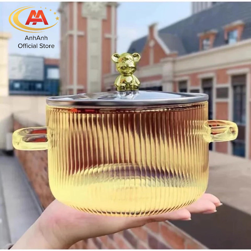 Nồi thuỷ tinh cao cấp 1700ml AnhAnh chịu nhiệt cao lắp có núm gấu bear
