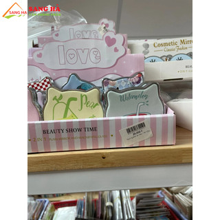 Gương tròn mini cầm tay đính kim tuyến - 2 mặt gương