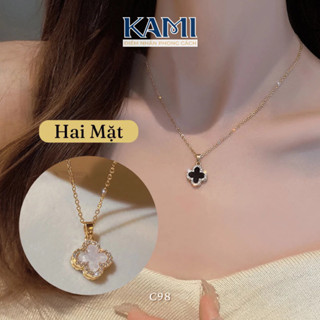  Dây chuyền titan 4 lá gắn đá nhân tạo đeo được 2 mặt ĐEN TRẮNG Kami trang sức titan   D2M   